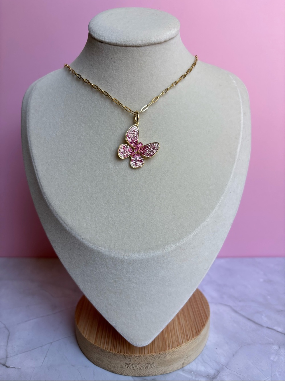 Gold Butterfly Pendant Necklace with Pink Stones